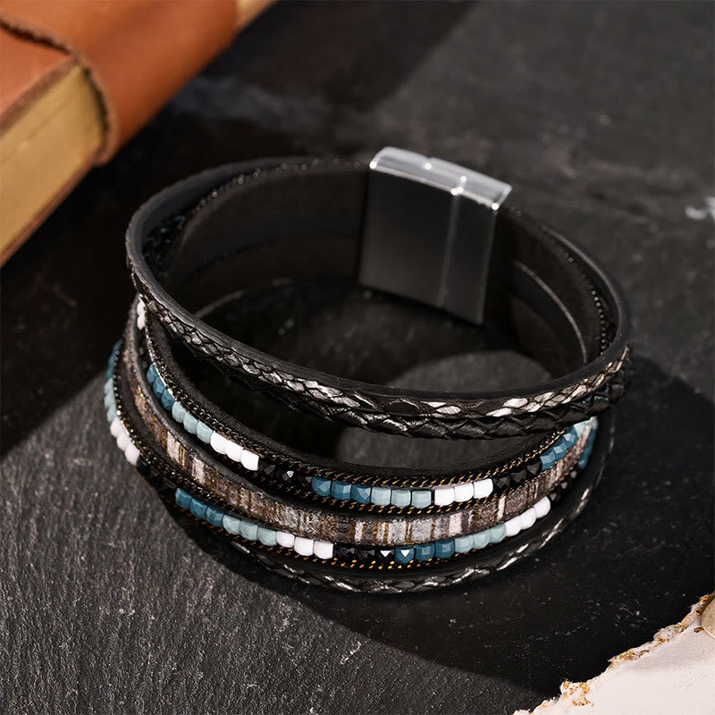 Boho Vintage Multi-Layer Leather Beaded Bracelet - image 0