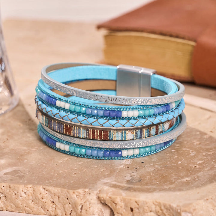 Boho Vintage Multi-Layer Leather Beaded Bracelet - Light Blue - image 5