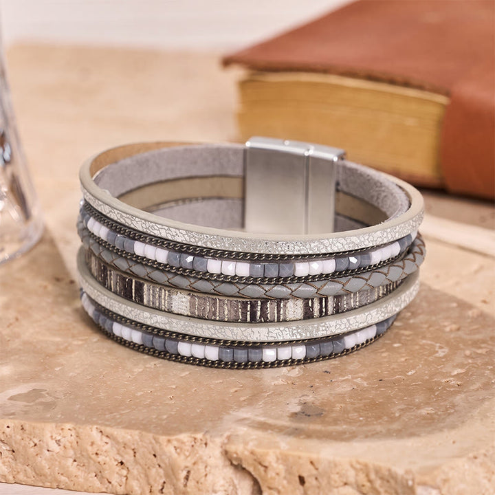 Boho Vintage Multi-Layer Leather Beaded Bracelet - Grey - image 8