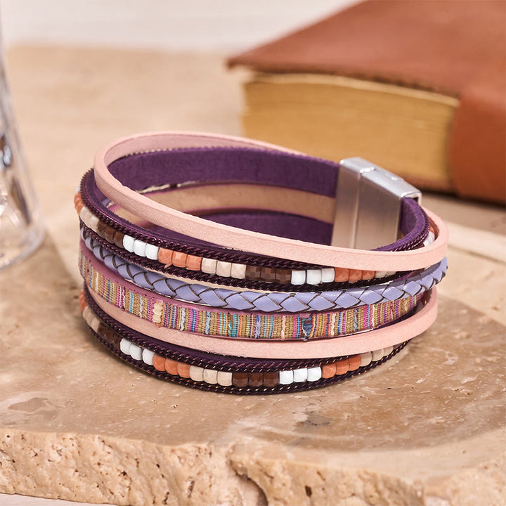 Boho Vintage Multi-Layer Leather Beaded Bracelet - Purple - image 9