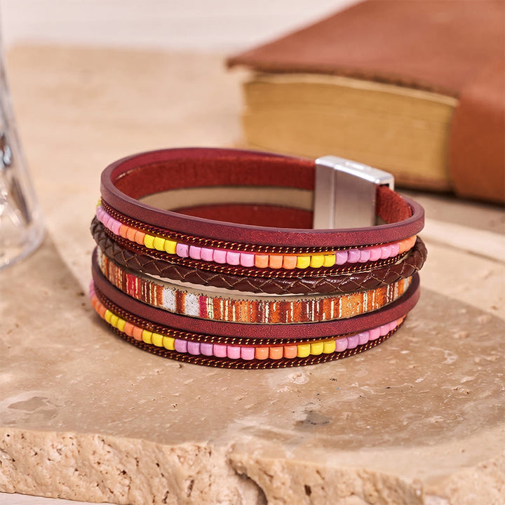 Boho Vintage Multi-Layer Leather Beaded Bracelet - Red - image 11