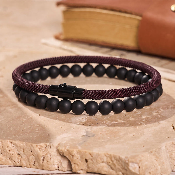 Men's Vintage Two-Piece Leather & Natural Stone Bracelet Set - Wine - image 4