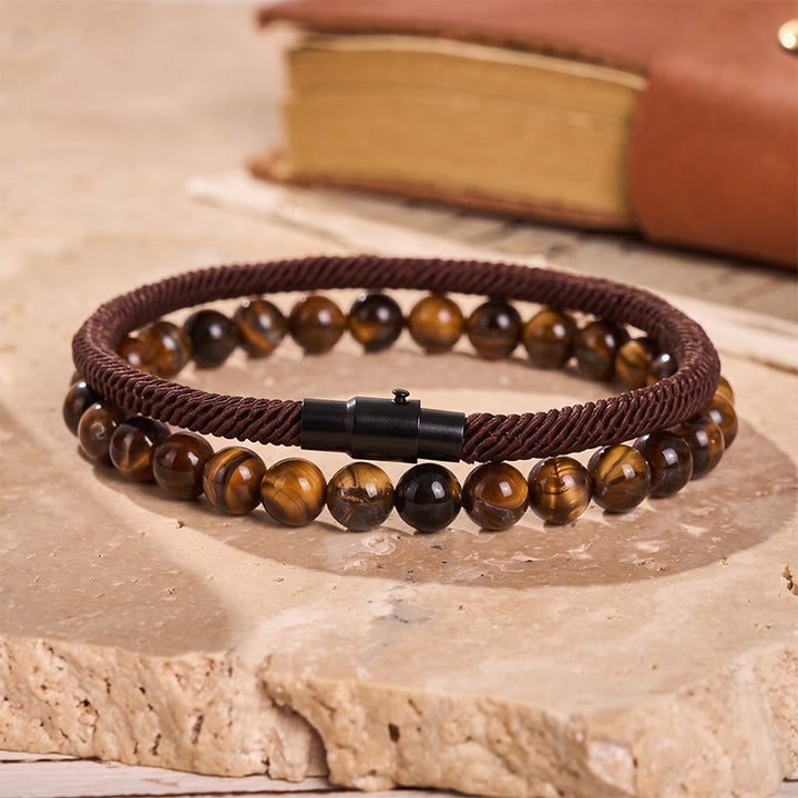Men's Vintage Two-Piece Leather & Natural Stone Bracelet Set - Coffee - image 8