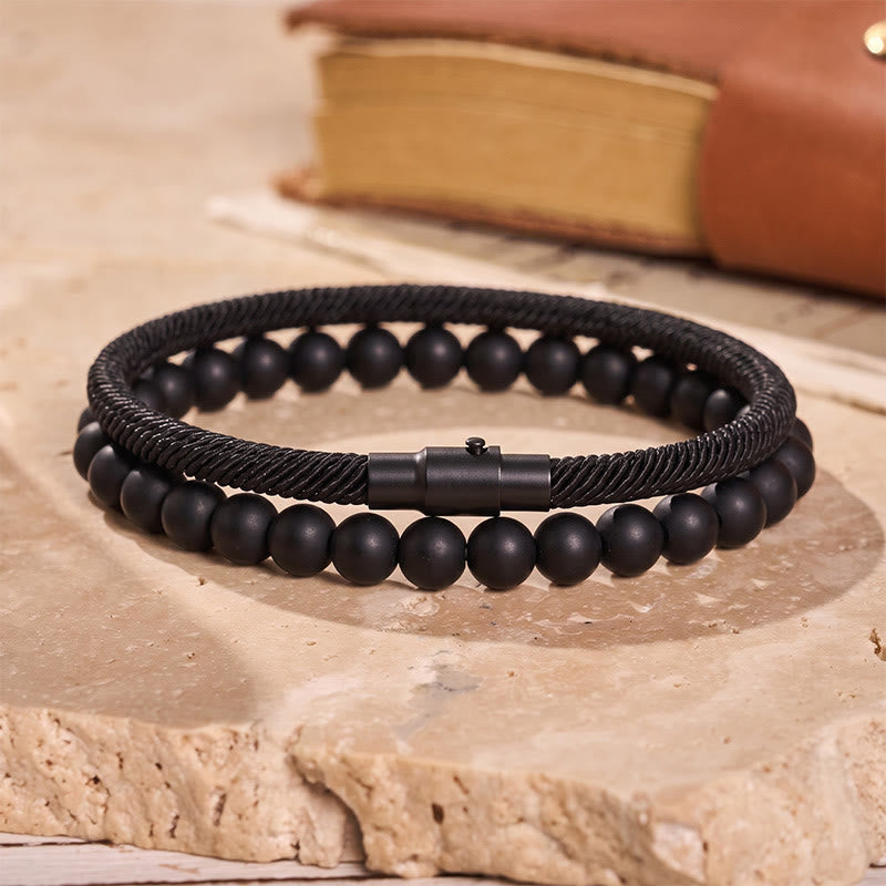 Men's Vintage Two-Piece Leather & Natural Stone Bracelet Set - Black - image 6
