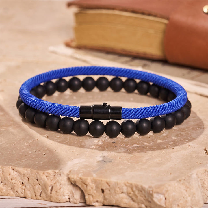 Men's Vintage Two-Piece Leather & Natural Stone Bracelet Set - Dark Blue - image 5