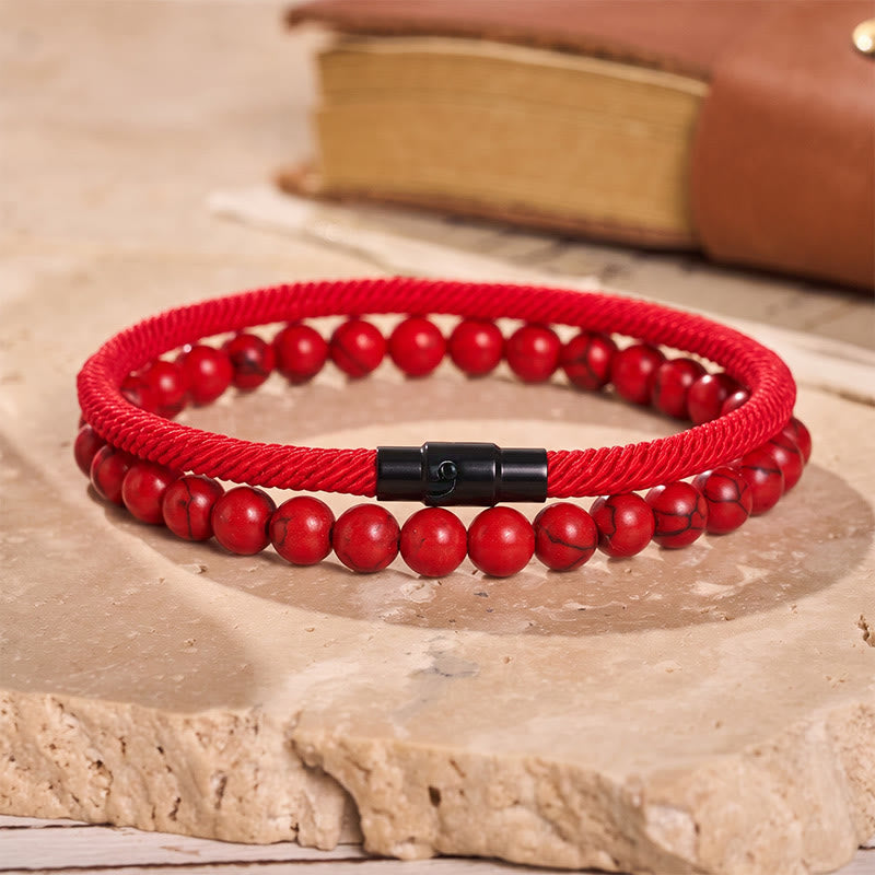 Men's Vintage Two-Piece Leather & Natural Stone Bracelet Set - Red - image 3