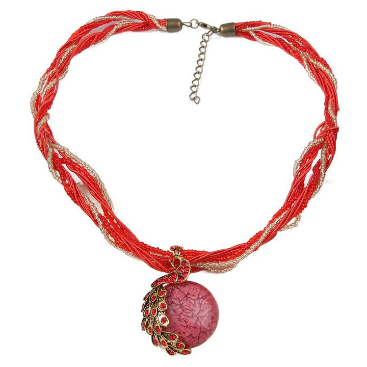 Women's Boho Handwoven Beaded Blue Stone Necklace - Red - image 9