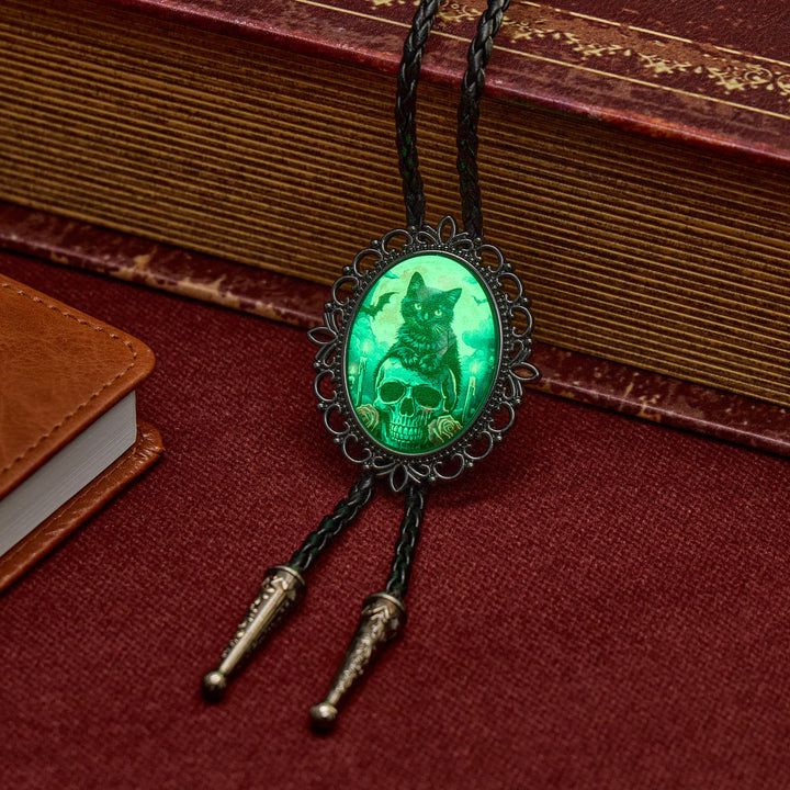 Gothic Black Cat & Skull Glow Pendant Luminous Bolo Tie - image 1