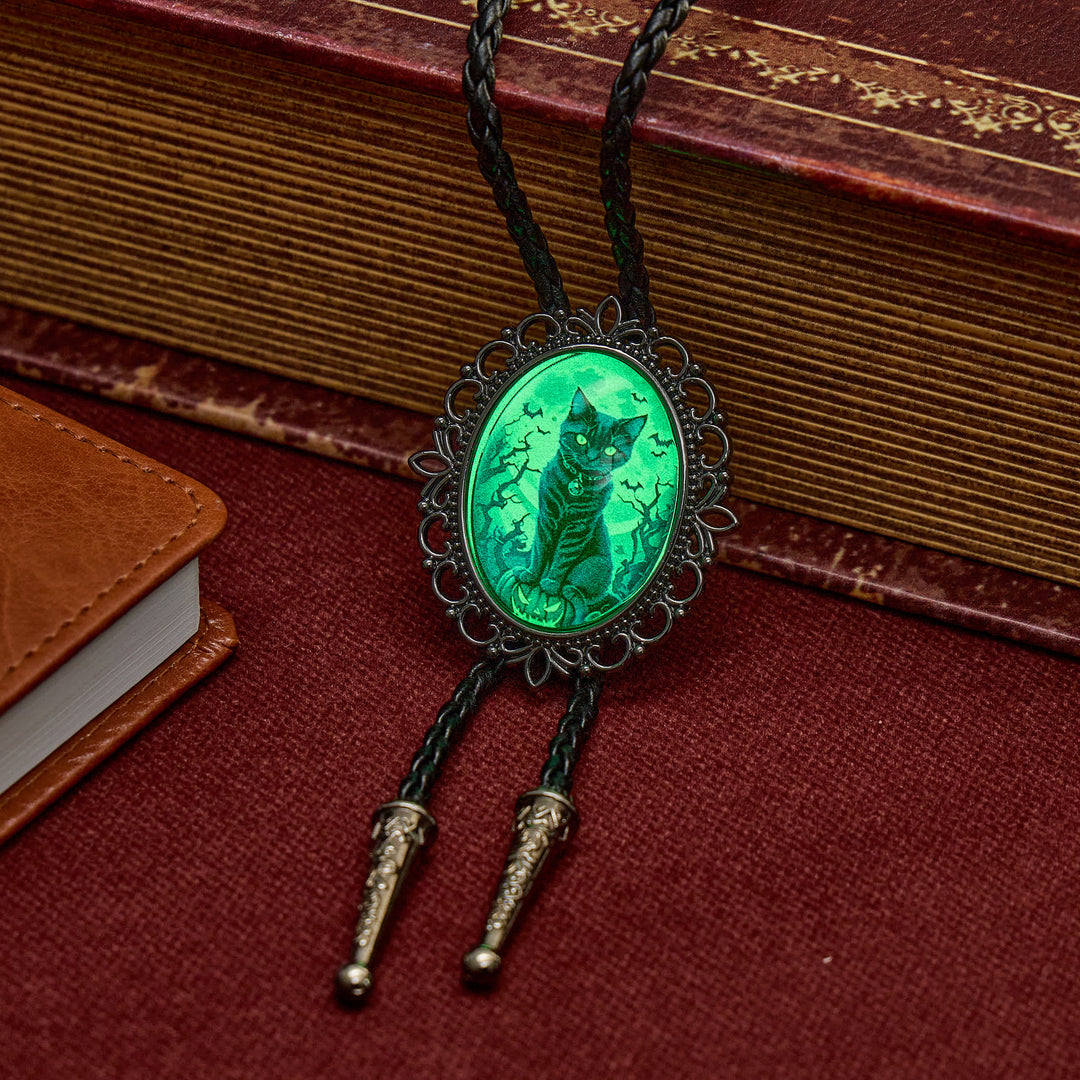 Spooky Black Cat Pumpkin Halloween Luminous Bolo Tie - image 1