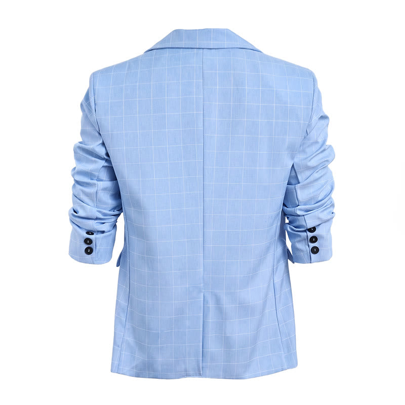 Men's Light Blue Plaid Business Blazer - image 7