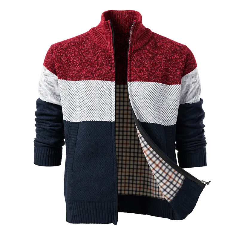 Men's Color-Block Fleece-Lined Knit Cardigan - Red&Navy Blue - 3XL - image 4