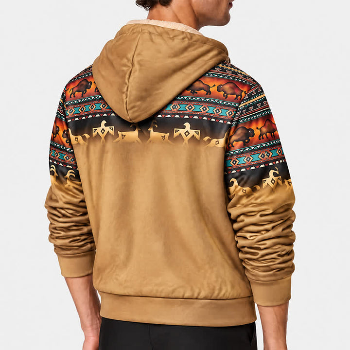Men's Sunset Bison Tribal 3D Printed Warm Lining Hooded Jacket - image 3