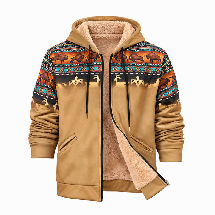 Men's Sunset Bison Tribal 3D Printed Warm Lining Hooded Jacket - image 9