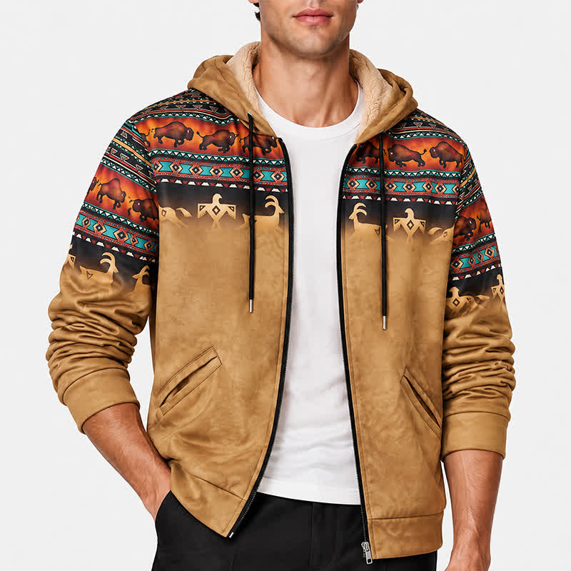 Men's Sunset Bison Tribal 3D Printed Warm Lining Hooded Jacket - image 1