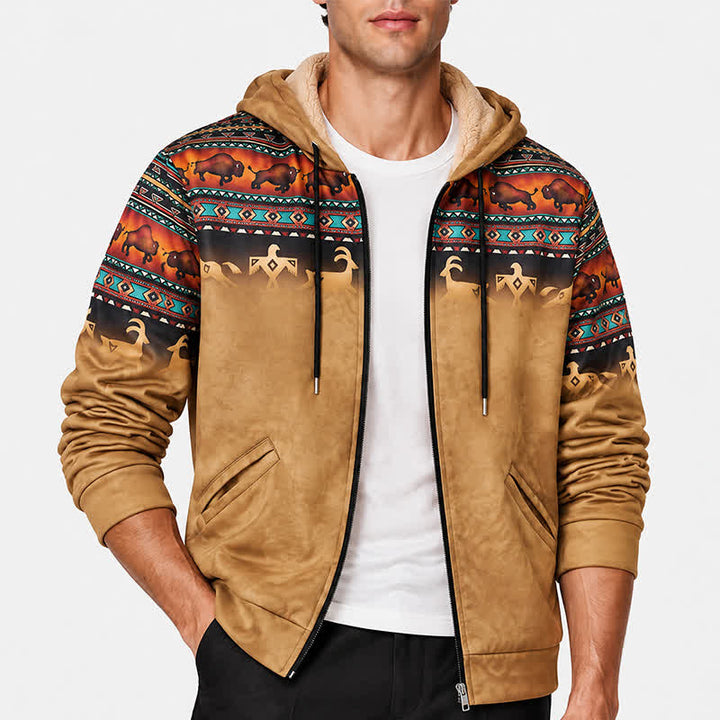 Men's Sunset Bison Tribal 3D Printed Warm Lining Hooded Jacket - image 1
