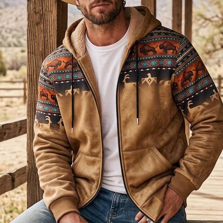 Men's Sunset Bison Tribal 3D Printed Warm Lining Hooded Jacket - Dusty Tan - 4XL - image 0
