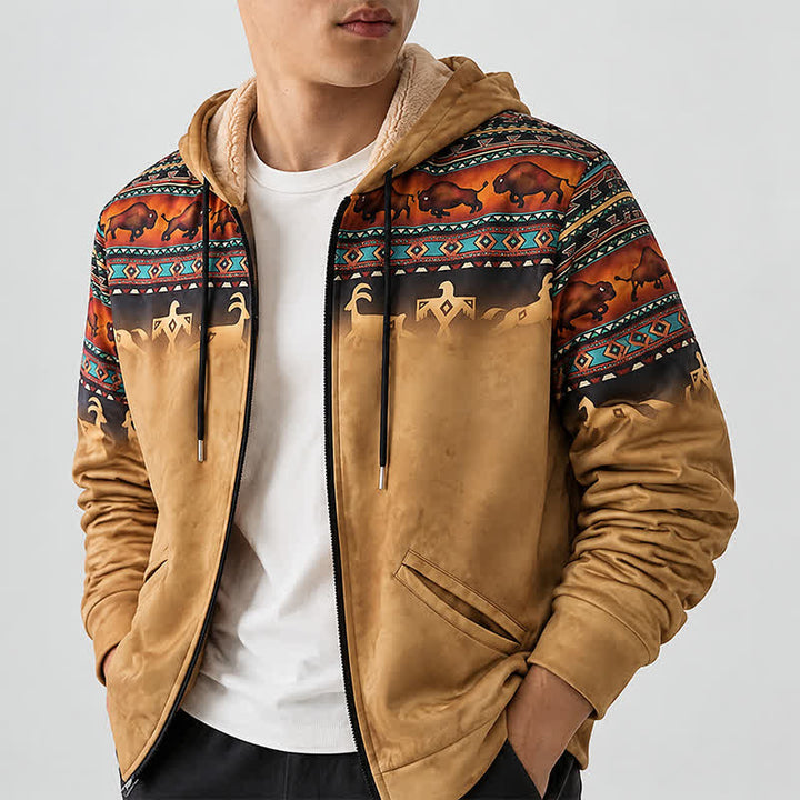 Men's Sunset Bison Tribal 3D Printed Warm Lining Hooded Jacket - image 2