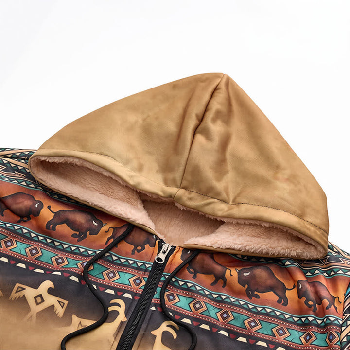 Men's Sunset Bison Tribal 3D Printed Warm Lining Hooded Jacket - image 4