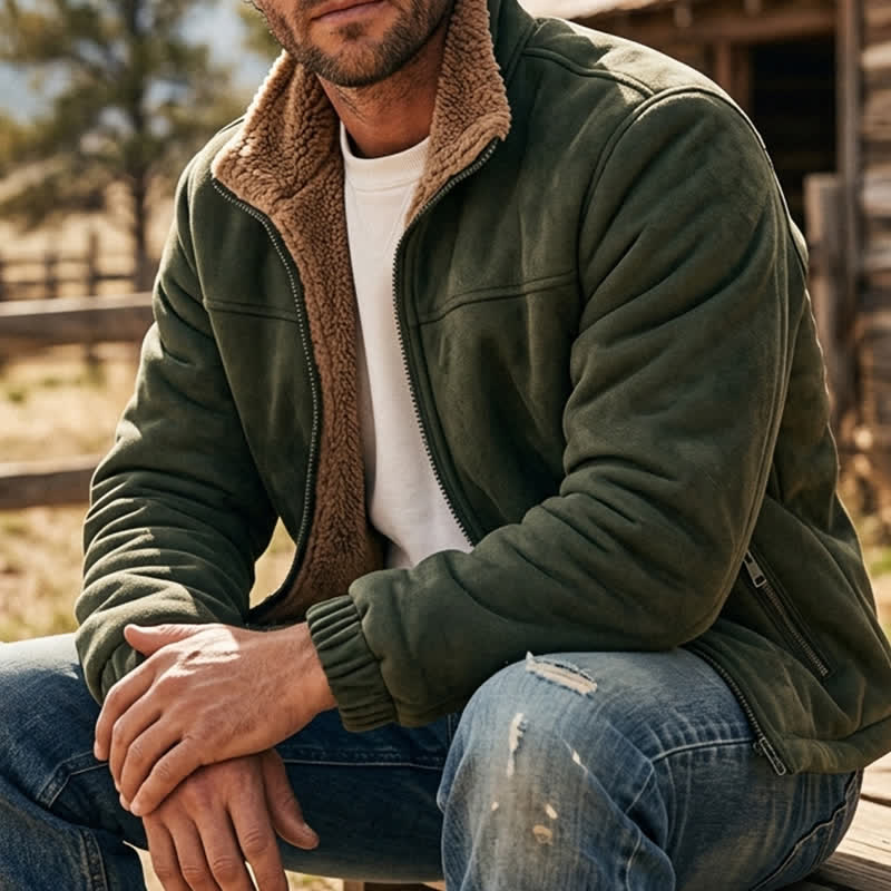 Men's Winter Zip Up Thick Thermal Jacket With Stand Collar - Army Green - 5XL - image 6