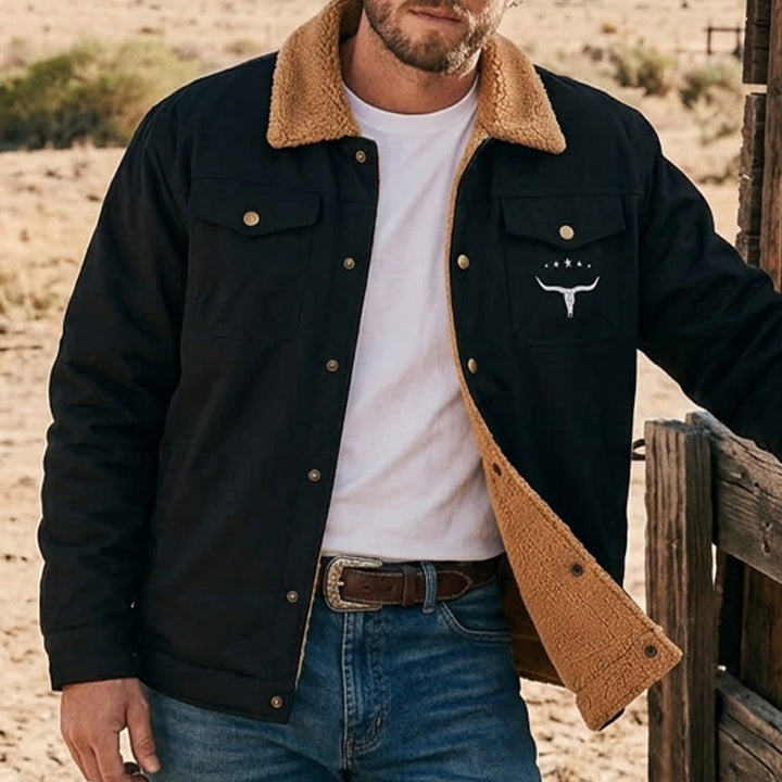 Men's Western Bull Print Canvas Jacket With Stand Collar - Black - 5XL - image 0
