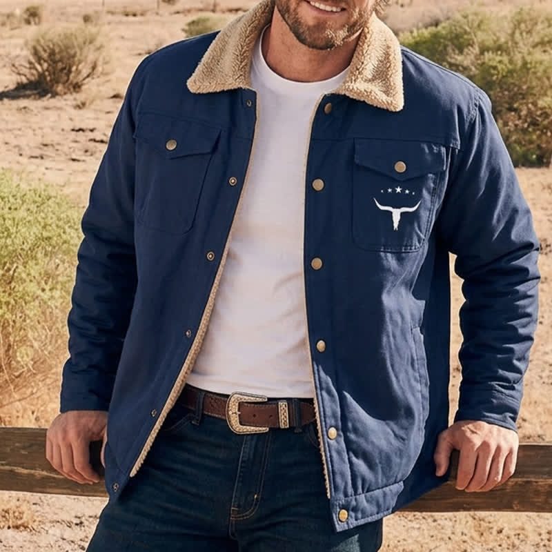 Men's Western Bull Print Canvas Jacket With Stand Collar - Dark Blue - 5XL - image 4