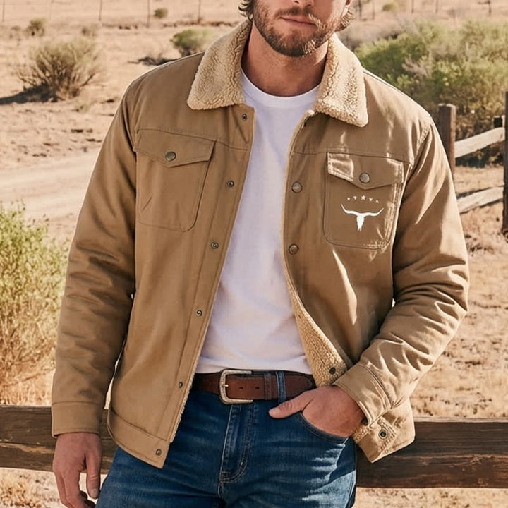 Men's Western Bull Print Canvas Jacket With Stand Collar - Coffee - 5XL - image 5