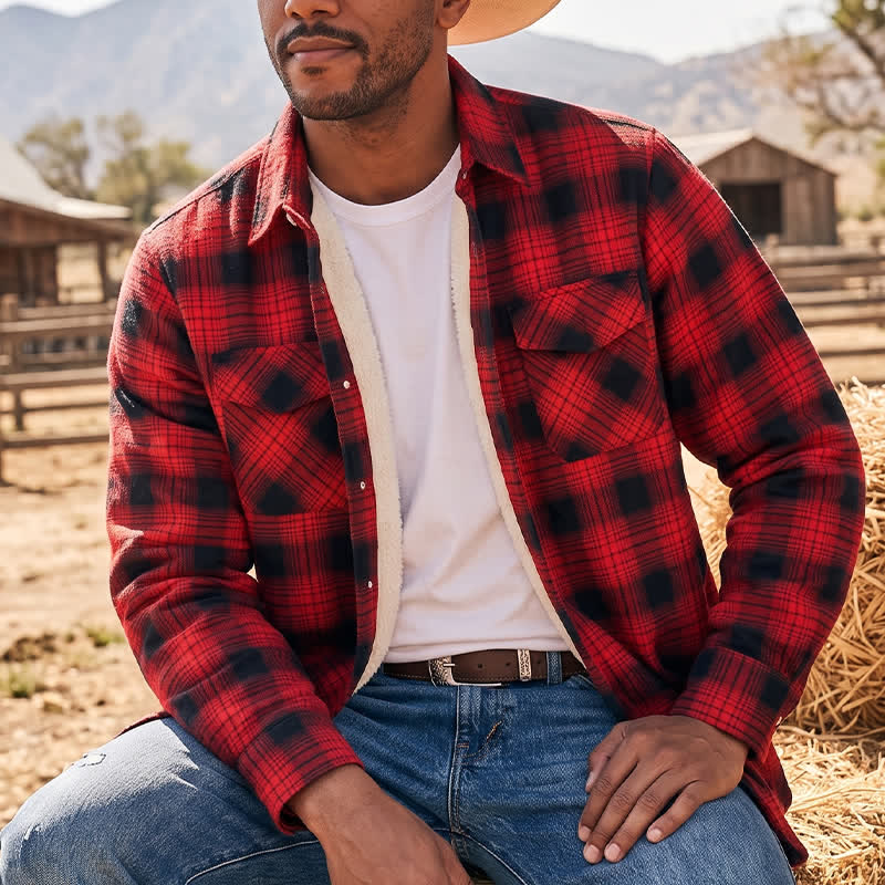Men's Red Plaid Thick Winter Work Shirt Jacket - Red - 5XL - image 0