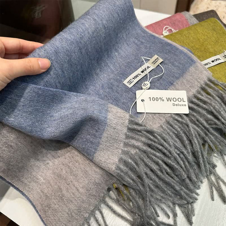 Cozy Color Block Pure Wool Scarf With Tassels - Blue - image 0