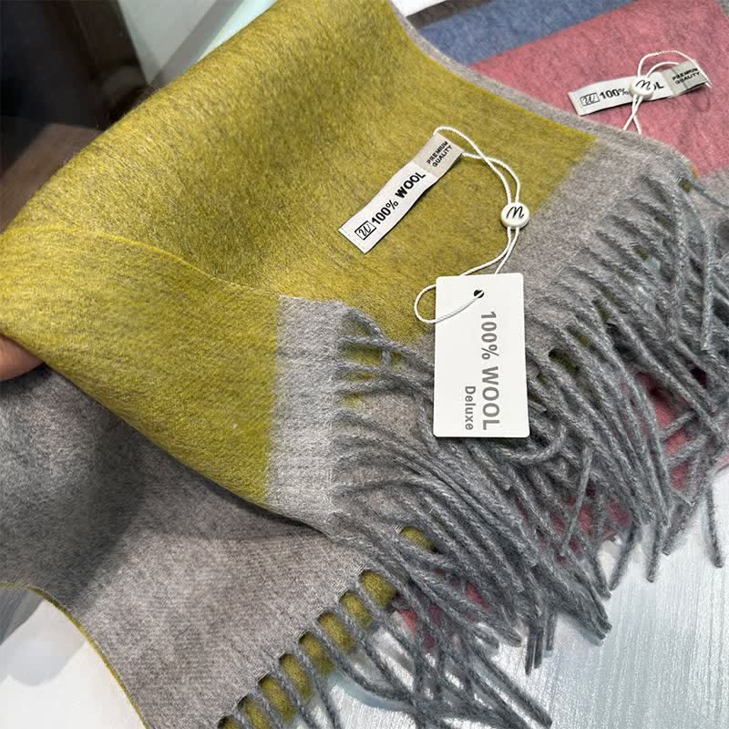 Cozy Color Block Pure Wool Scarf With Tassels - Green - image 3