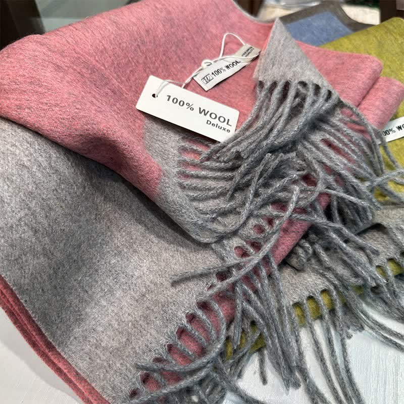 Cozy Color Block Pure Wool Scarf With Tassels - Pink - image 5