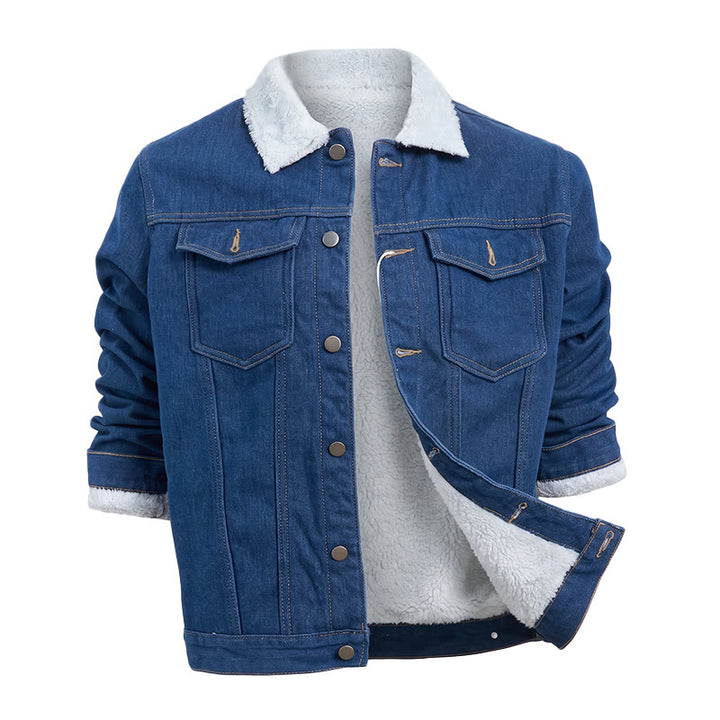 Men's Fleece-Lined Denim Trucker Jacket - Dark Blue - 4XL - image 1