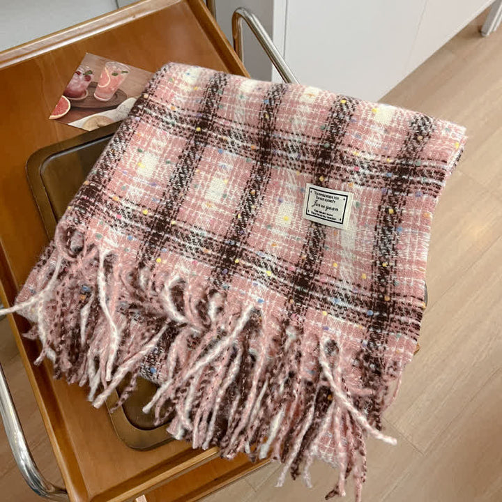 Winter Soft Colorful Confetti Plaid Fringe Scarf - Pink - image 4