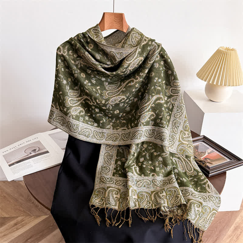 Bohemian Travel Style Paisley Floral Jacquard Scarf - Army Green - image 24