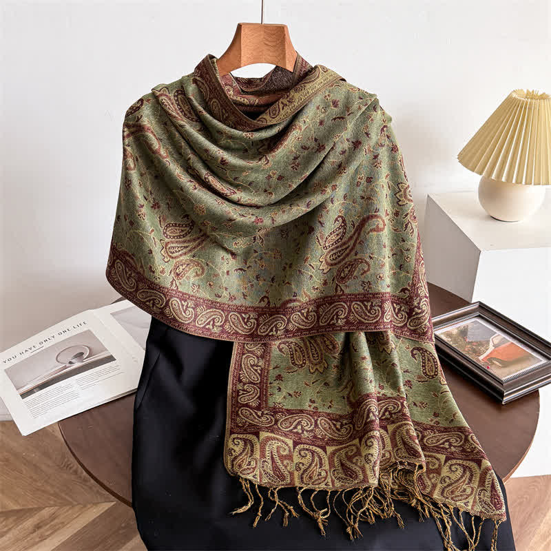 Bohemian Travel Style Paisley Floral Jacquard Scarf - Moss Green - image 22