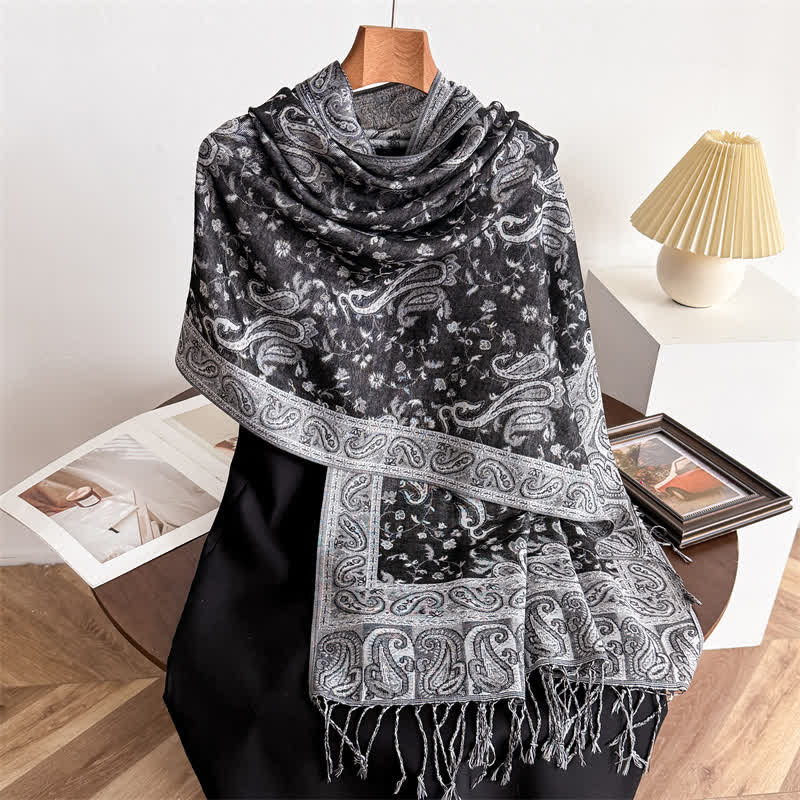 Bohemian Travel Style Paisley Floral Jacquard Scarf - Black Gray - image 18