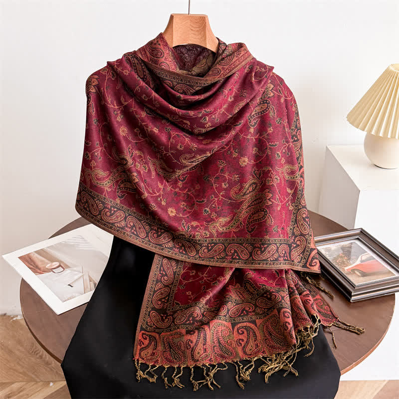 Bohemian Travel Style Paisley Floral Jacquard Scarf - Wine Red - image 4