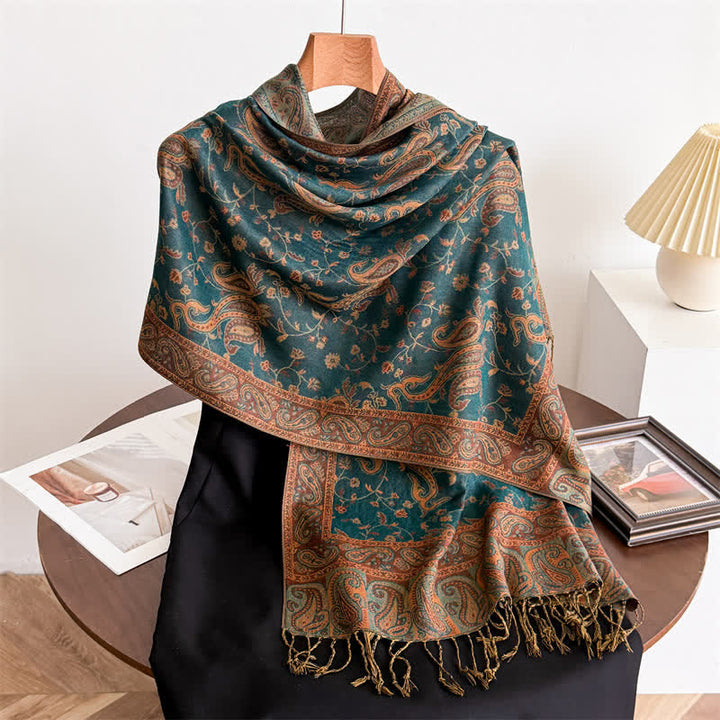 Bohemian Travel Style Paisley Floral Jacquard Scarf - Peacock Green - image 8