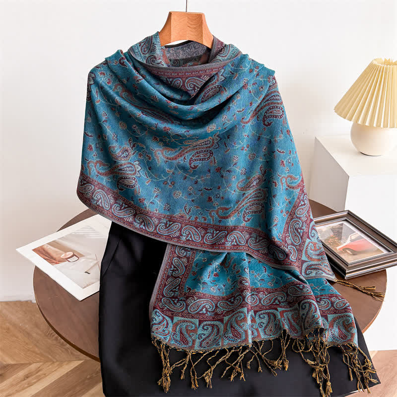 Bohemian Travel Style Paisley Floral Jacquard Scarf - Teal - image 0