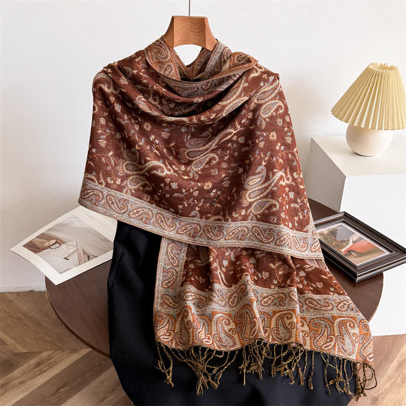 Bohemian Travel Style Paisley Floral Jacquard Scarf - Caramel Brown - image 20