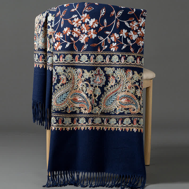 Women's Luxury Wrap Floral Paisley Embroidered Scarf - Navy Blue - image 0