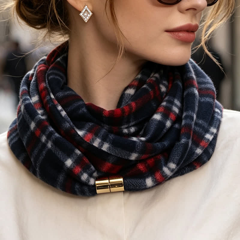 Winter Circle Neck Warmer Plaid Magnetic Loop Scarf - Navy & Red - image 0