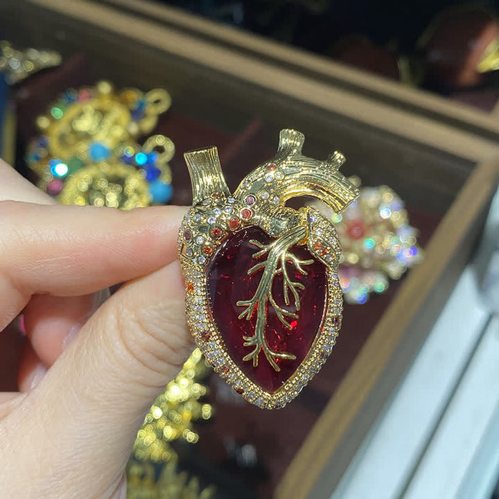 My Beating Heart - Anatomical Heart Crystal Brooch - Red & Gold - image 2