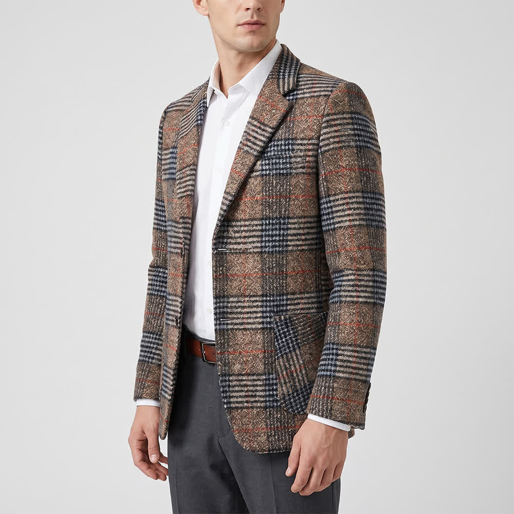 Men's Khaki Plaid Business Casual Checked Suit Coat - image 1