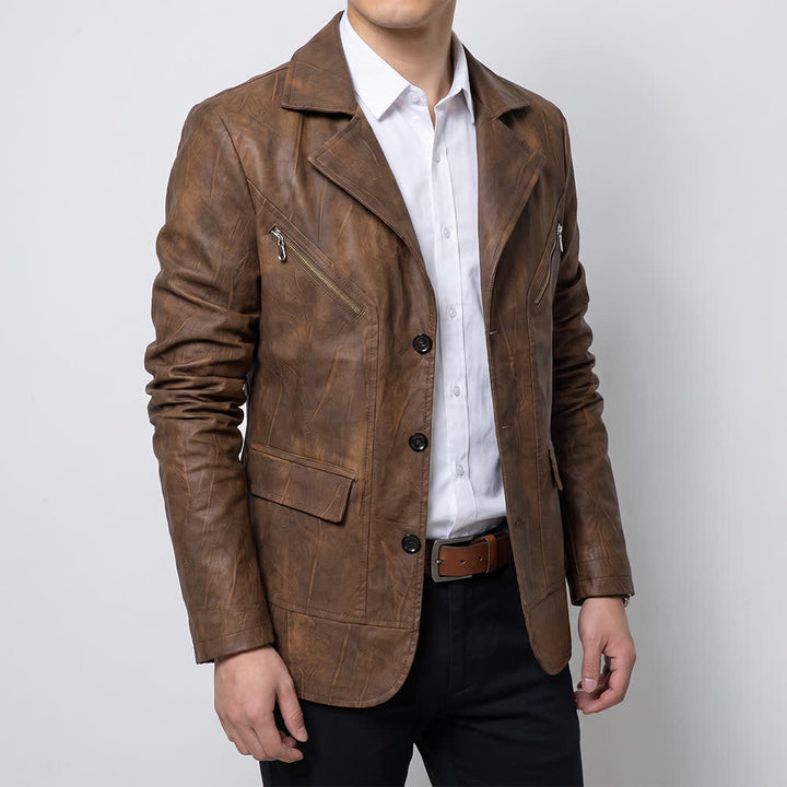 Men's Distressed Motorcycle Casual PU Leather Lapel Coat - image 3