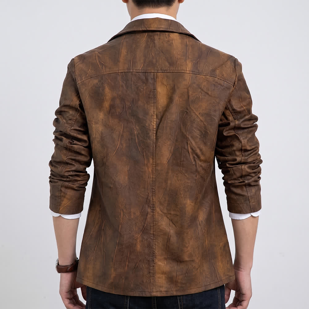 Men's Distressed Motorcycle Casual PU Leather Lapel Coat - image 2