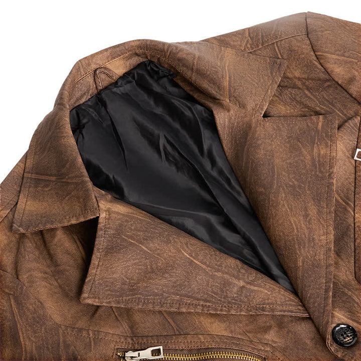 Men's Distressed Motorcycle Casual PU Leather Lapel Coat - image 5