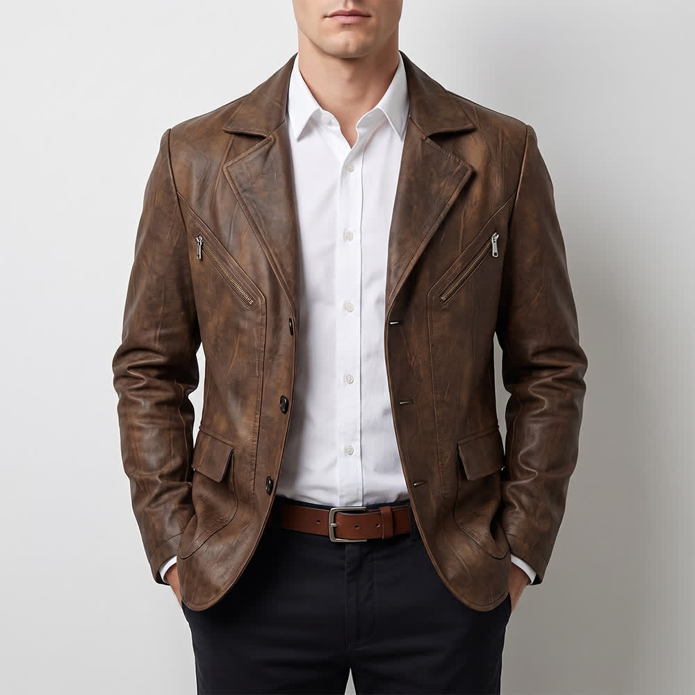 Men's Distressed Motorcycle Casual PU Leather Lapel Coat - image 1