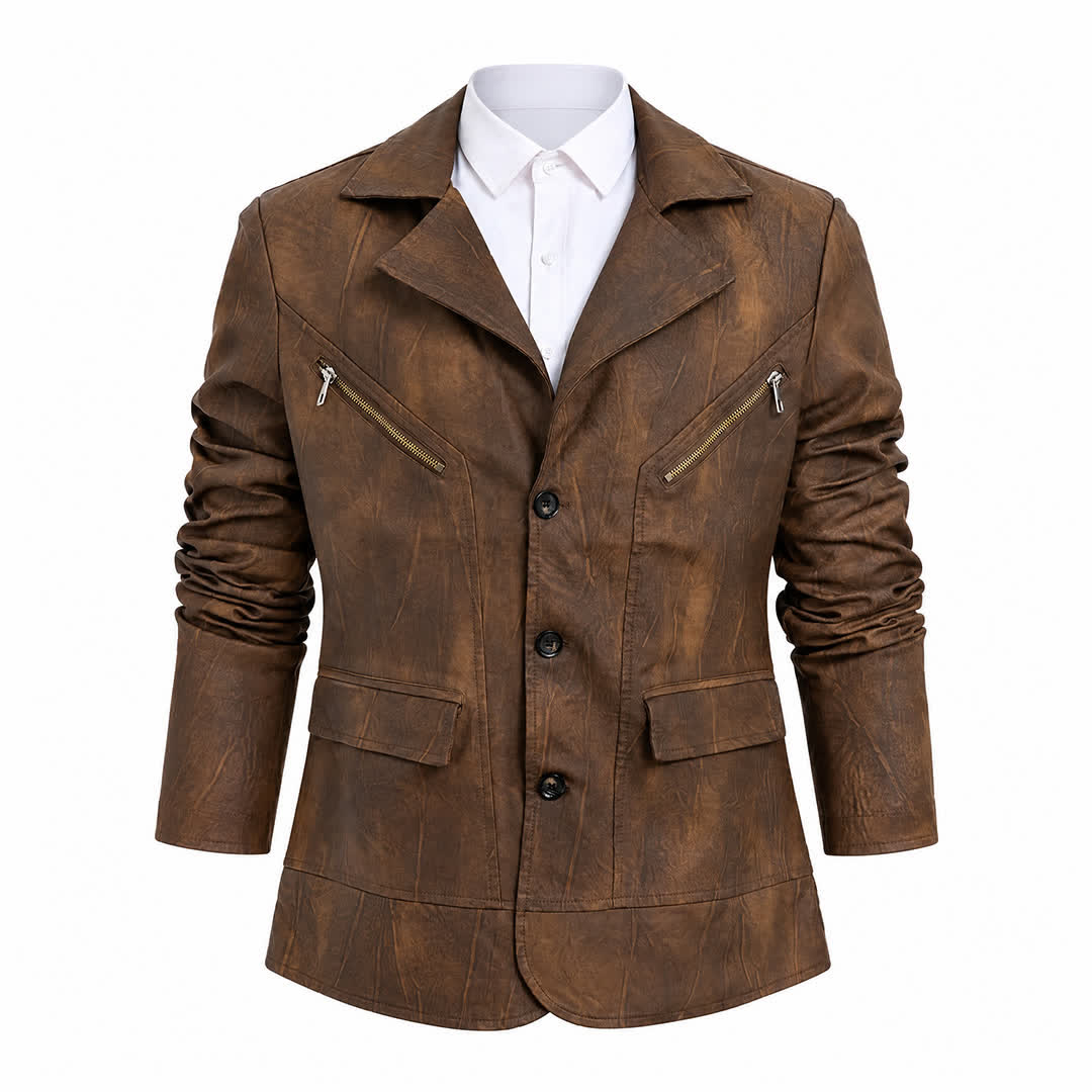 Men's Distressed Motorcycle Casual PU Leather Lapel Coat - image 11