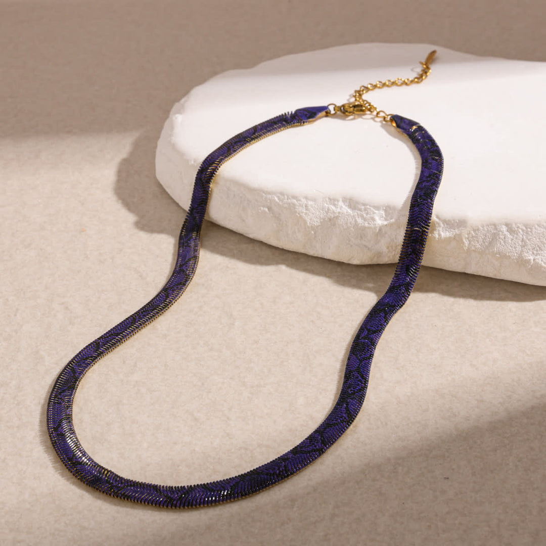 Serpent Herringbone Choker Printed Snake Flat Chain Necklace - Blue - image 10