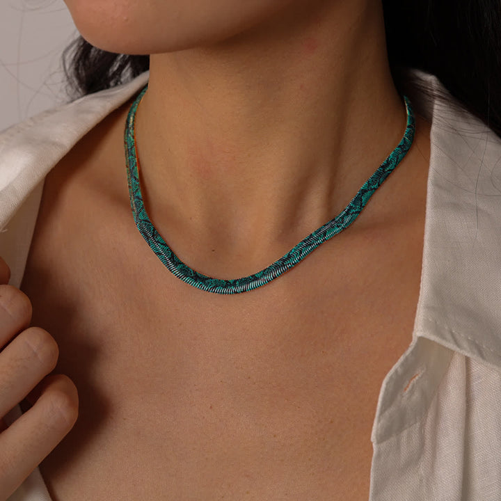 Serpent Herringbone Choker Printed Snake Flat Chain Necklace - Green - image 9
